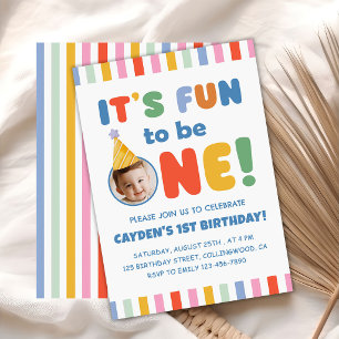 It's Fun To Be One Photo Colourful 1st Birthday Invitation