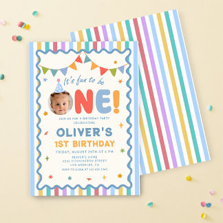 Its Fun To Be One Photo Colourful 1st Birthday Invitation