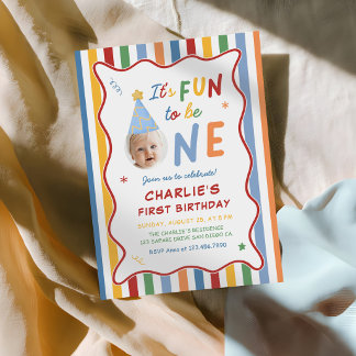 It's Fun To Be One Photo Colourful 1st Birthday Invitation