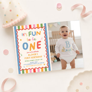 Its Fun To Be One Stripes 1st Birthday Photo Invitation
