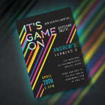 It's Game On Colourful Neon Laser Tag Birthday Invitation<br><div class="desc">Challenge and invite your party guests to a game of laser tag with our fun, bright and cool laser tag themed birthday party invitation. The design features a colour typographic design "It's Game On" with beams of bright multiple coloured lights shooting off from the text. The black background sets the...</div>