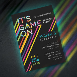 It's Game On Colourful Neon Laser Tag Birthday Invitation