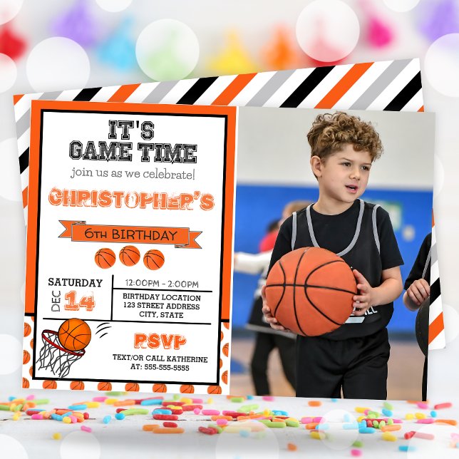Its Game Time Basketball Birthday Party Photo Invitation (Photo Basketball Birthday Party Invitation)