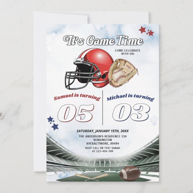 It's Game Time Football & Baseball Joint Birthday Invitation (Front)