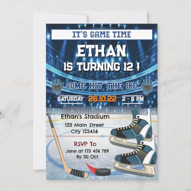 It's Game Time! Ice Hockey Birthday Invitation (Front)