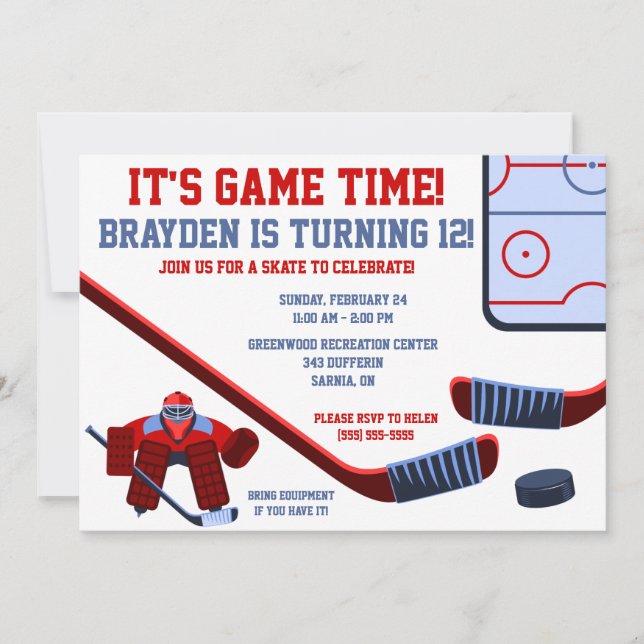 It's Game Time!  Ice Hockey Birthday Party Invitation (Front)