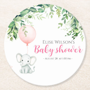 It's girl! Cute little elephant baby with balloon Round Paper Coaster