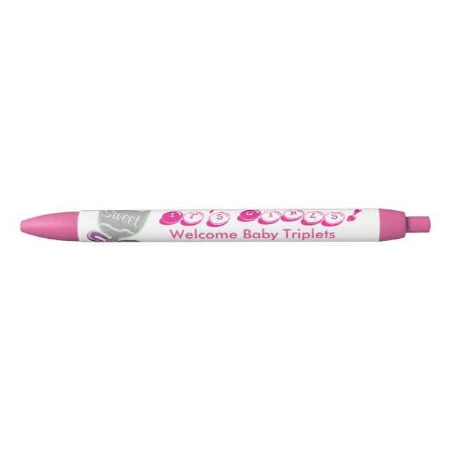 It's Girls Welcome Baby Triplets Pink Announcement Black Ink Pen (Front)