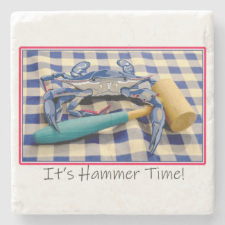 It's Hammer Time Blue Crab with Hammer on Gingham  Stone Coaster