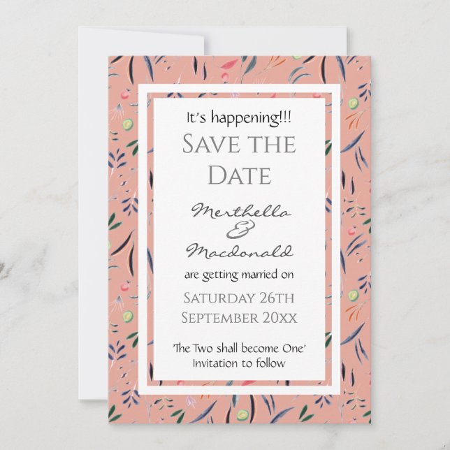 IT'S HAPPENING Coral Pink Floral Save The Date (Front)