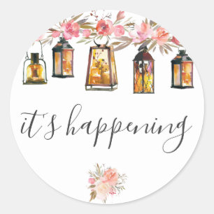 It's Happening Rustic Lanterns Rose Gold Wedding Classic Round Sticker