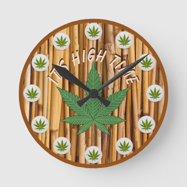 It's High Time Weed Leaf Natural Bamboo Custom Round Clock (Front)