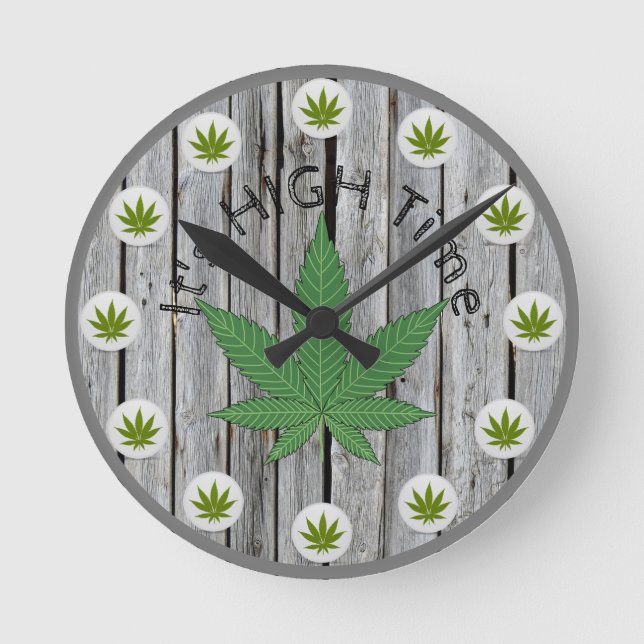 It's High Time Weed Leaf Rustic Wood Custom Round Clock (Front)