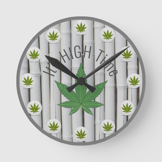 It's High Time Weed Leaf White Bamboo Custom Round Clock (Front)