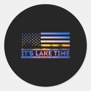 It's Lake Time Sunset American Flag Summer Vacatio Classic Round Sticker