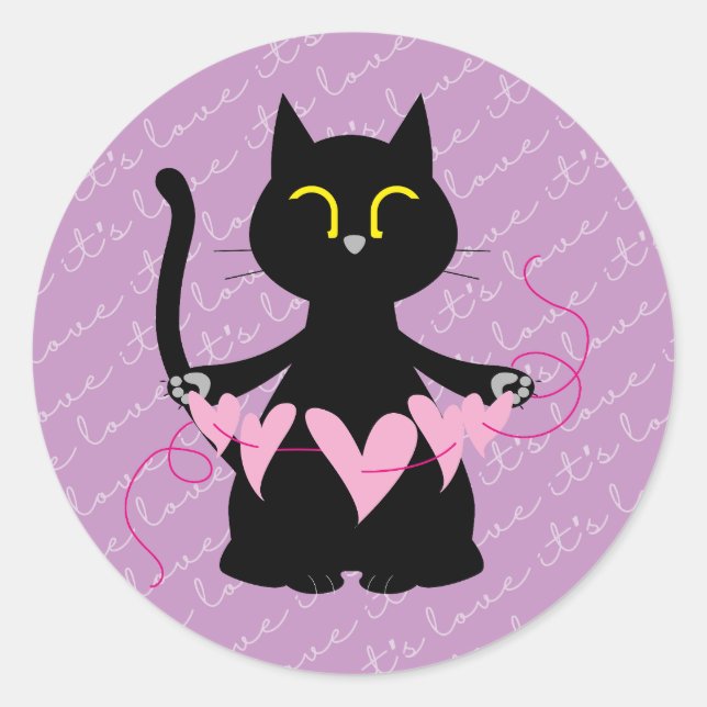 IT'S LOVE – Cute Black Cat & Hearts Sticker (Front)