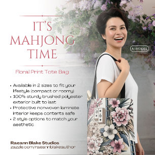 "It's Mahjong Time" Floral Print Tote Bag