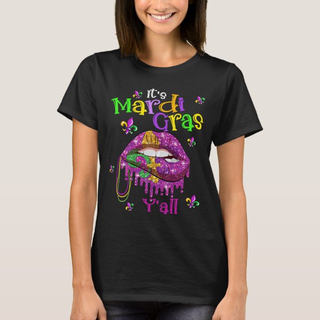 It's Mardi Gras Y'all  Violet Lip Lady Mask Beads T-Shirt (Front)