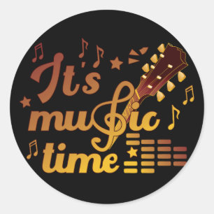 It's Music Time, Gold Guitar Musical  Classic Round Sticker