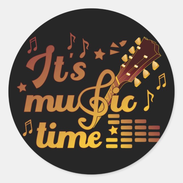 It's Music Time, Gold Guitar Musical  Classic Round Sticker (Front)