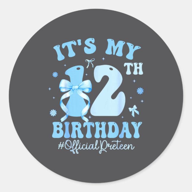 It's My 12th Birthday Girl Coquette Bow Blue 12 Ye Classic Round Sticker (Front)