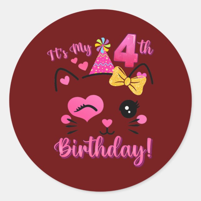 Its My 4th Birthday Girl Cute Cat Birthday 4 Year Classic Round Sticker (Front)