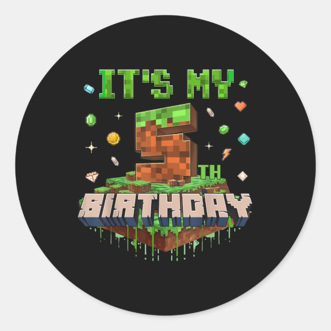 Its My 5th Birthday Kids Gaming Pixel Number 5 Yea Classic Round Sticker (Front)