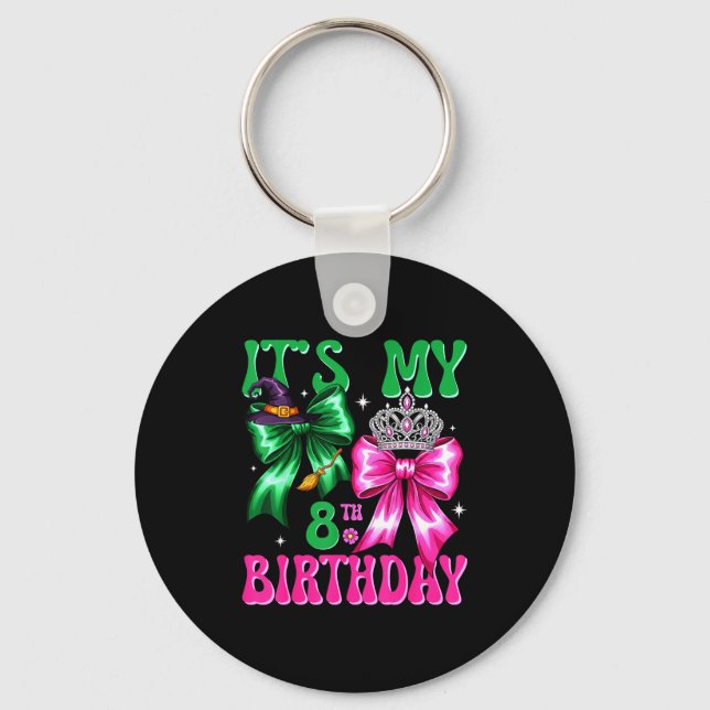 It's My 8th Birthday Witch Nk And Green Bow Croche Key Ring (Front)