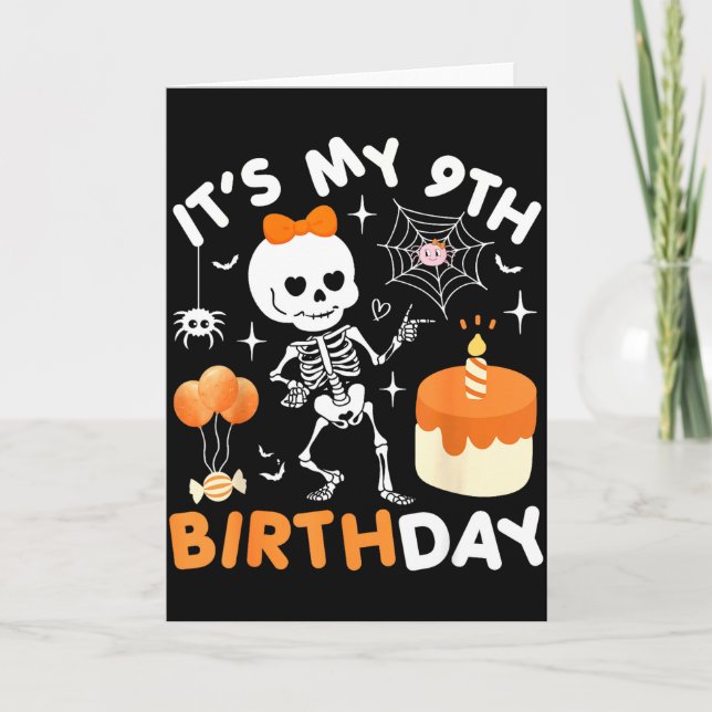 Its My 9th Birthday Funny Halloween Skeleton 9 Bir Card (Front)