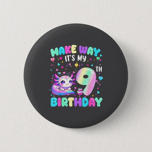 It's My 9th Birthday Girl Cute Axolotl 9 Year Old  6 Cm Round Badge (Front)