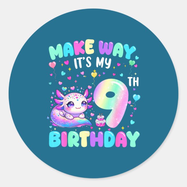 It's My 9th Birthday Girl Cute Axolotl 9 Year Old  Classic Round Sticker (Front)