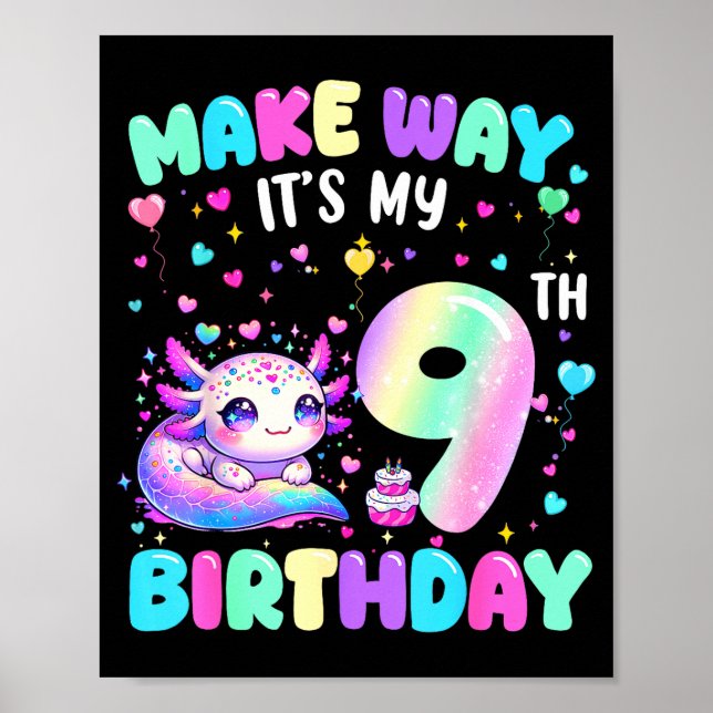 It's My 9th Birthday Girl Cute Axolotl 9 Year Old  Poster (Front)