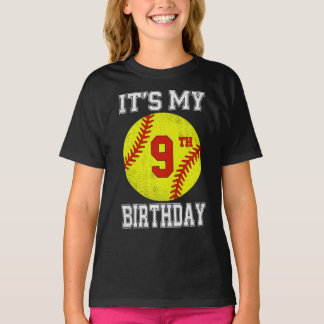 It's My 9th Birthday Girl Softball 9 Year Old T-Shirt