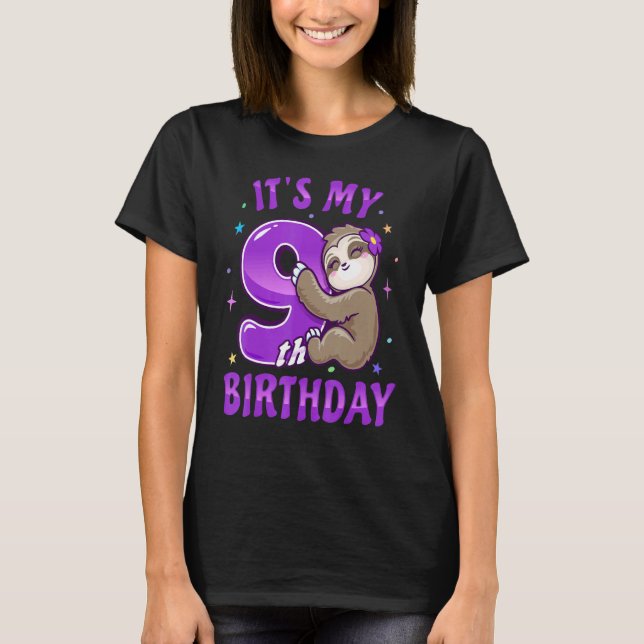 Its My 9th Birthday Purple Sloth Girl Nine Bday Th T-Shirt (Front)