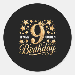 It's My 9th Golden Birthday 9 Year Old Bday Groovy Classic Round Sticker