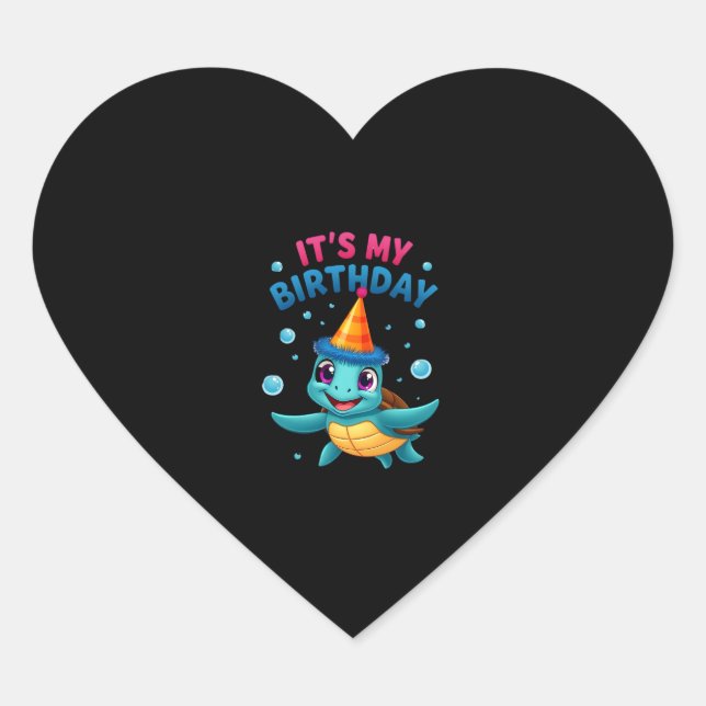 It's My Birthday Cute Sea Turtle Ocean Birthday Pa Heart Sticker (Front)
