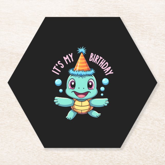 It's My Birthday Cute Sea Turtle Ocean Birthday Pa Paper Coaster (Front)