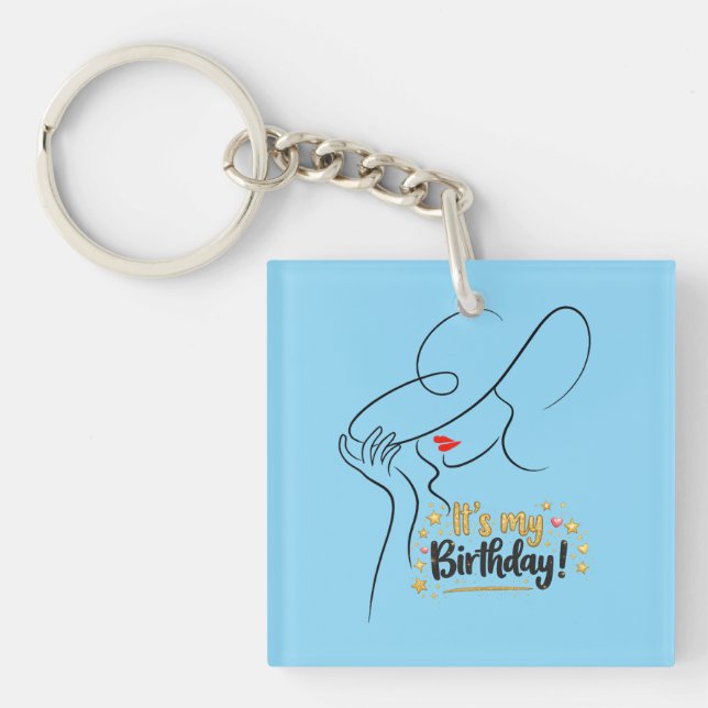 It's My Birthday Gold Sparkle Lips Square Keychain (Front)