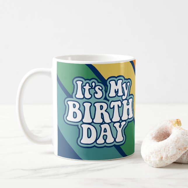 It's My Birthday - Happy Stripe Rainbow Colours Coffee Mug (With Donut)