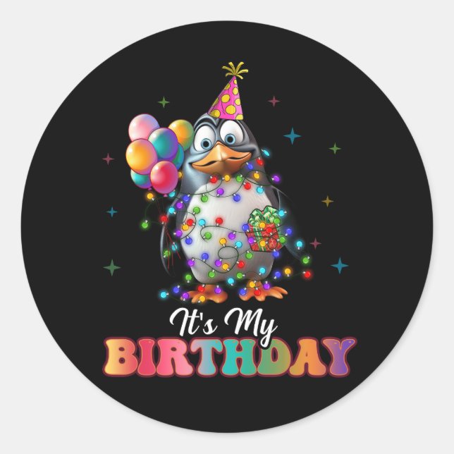 Its My Birthday Party Penguin Christmas Light Anim Classic Round Sticker (Front)