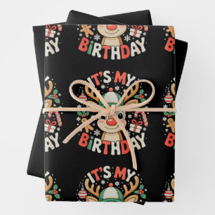 It's My Birthday Reindeer Christmas Xmas Holiday Wrapping Paper Sheet