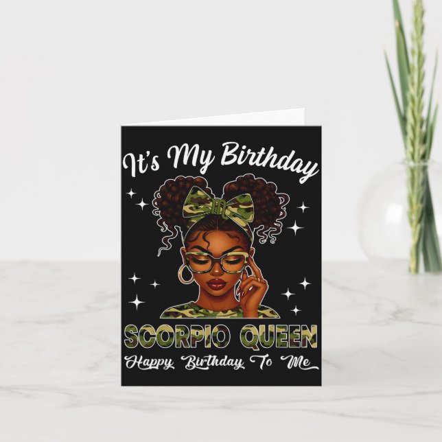 It's My Birthday Scoro Queen Camo Bow Afro Black G Card (Front)