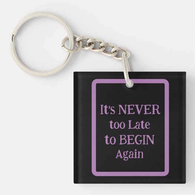 'It's NEVER too Late to BEGIN Again' Phrase  Key Ring (Front)