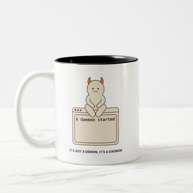 It's Not a Demon It's a Daemon Funny Linux White Two-Tone Coffee Mug (Left)