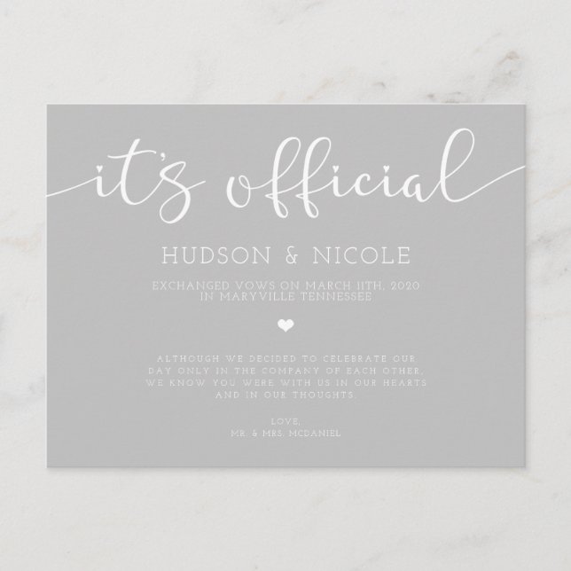 It's Official Elopement Wedding Announcement Postcard (Front)