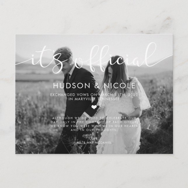 It's Official Elopement Wedding Photo Announcement Postcard (Front)