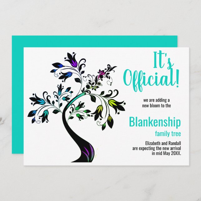 It's Official We're Expecting Flowered Tree Teal  Announcement (Front/Back)
