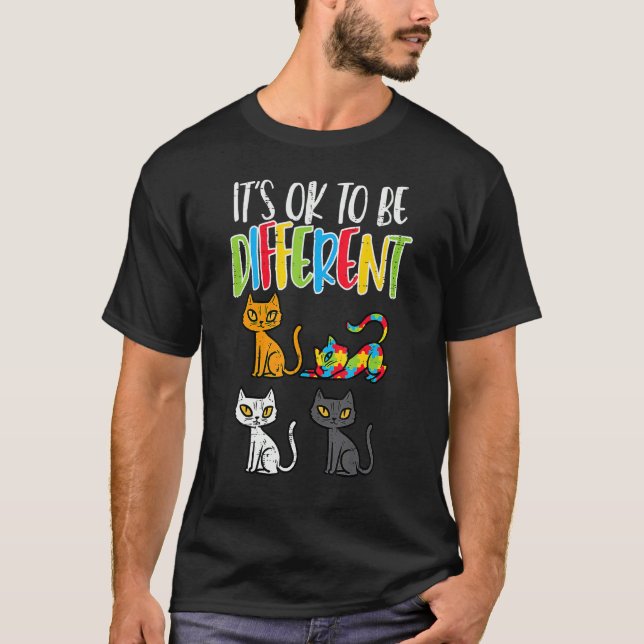 It's Ok To Be Different Cat Puzzle Cute Autism Awa T-Shirt (Front)