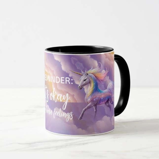 It's okay to have feelings Sparkly Glitter Unicorn Mug (Front Right)