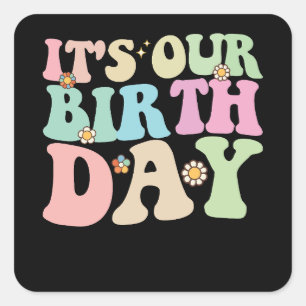 It's Our Birthday Twins Groovy Retro Square Sticker